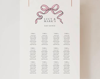 Pink Bow Baby Shower Seating Chart, Baby Shower Seating Chart Bow, Pink Ribbon Baby Shower Seating Poster, Minimalist Seating Chart Template