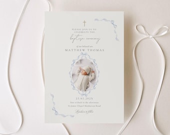 May include: A baptism ceremony invitation card featuring a central oval photo frame with a light blue ribbon border, a small gold cross, and printed text including the name Matthew Thomas, date 25.05.202X, and event details on a light gray background.