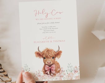 Boho Highland Cow Girl Baby Shower Invitation, Oh Holy Cow We Are Having A Baby, Pink (Editable Template)