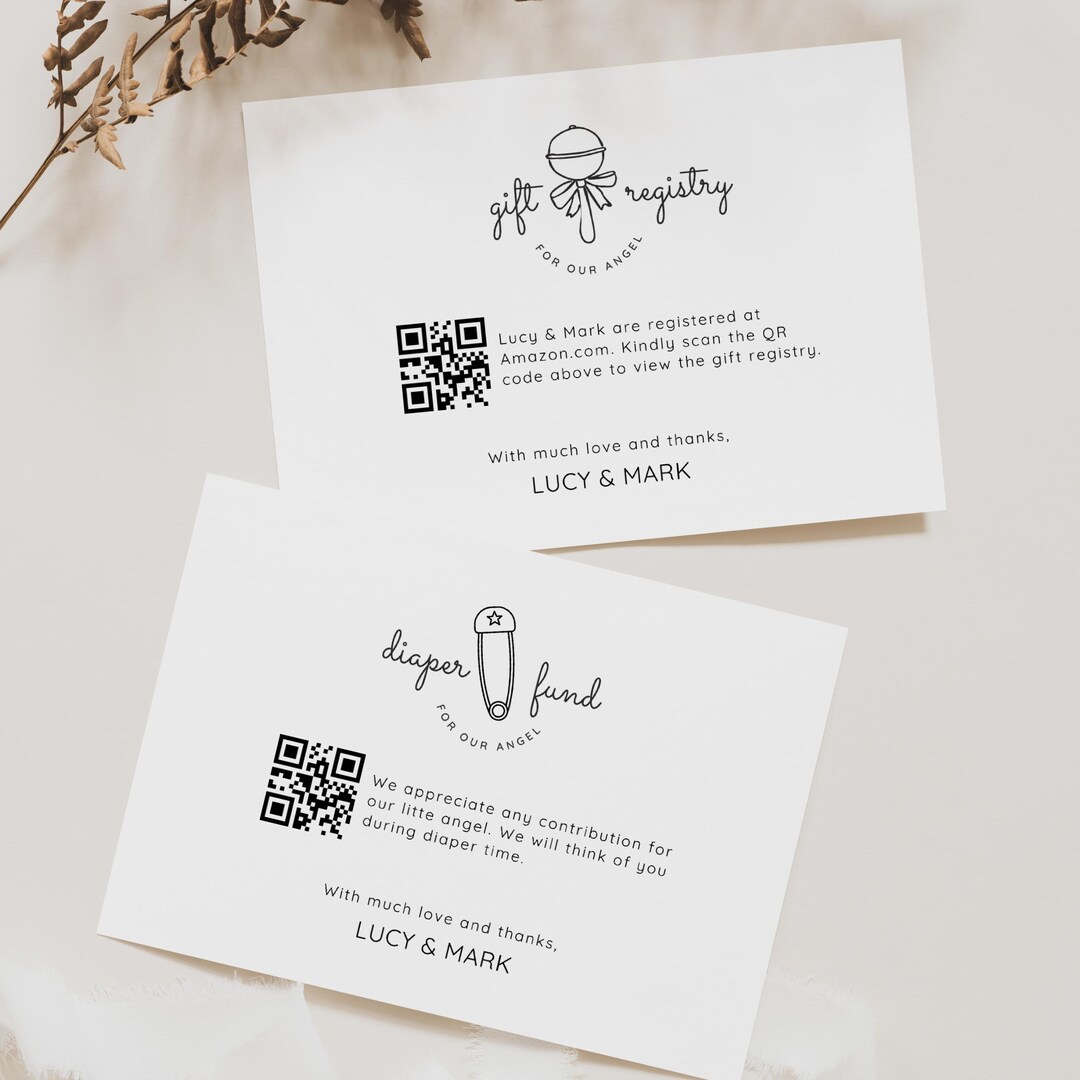 Baby Shower Registry Card QR Codes, Diaper Fund QR Code, Baby