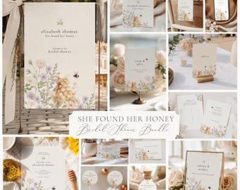 May include: A collage of stationery items with floral and bee illustrations. Includes a welcome sign, table cards, gift tags, and cupcake toppers. The text "Elizabeth Thomas has found her honey" is visible.