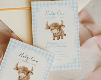 Invitación de cumpleaños con diseño de vaca de las Tierras Altas, cuadros azules, Holy Cow (plantilla editable)