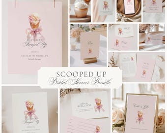 She's Been Scooped Up Bridal Shower Invitation: Ice Cream Theme, Pink Bow (Editable Template), Bundle