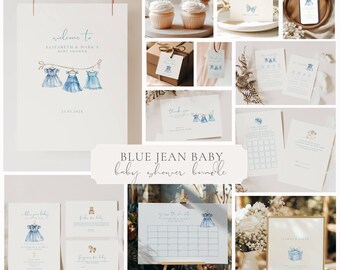Blue Jean-babyshoweruitnodiging meisje: een Blue Jean-baby is onderweg, denimmeisje (bewerkbare sjabloon)