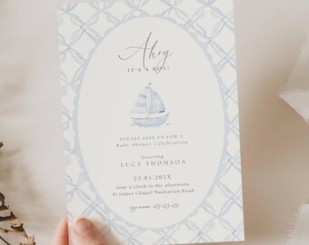 Ahoy Its A Boy Baby Shower Invites, Nautical Baby Shower Invitation, Sailbot Baby Shower Invite, Classic Light Blue Ahoy Its A Boy Baby AH11