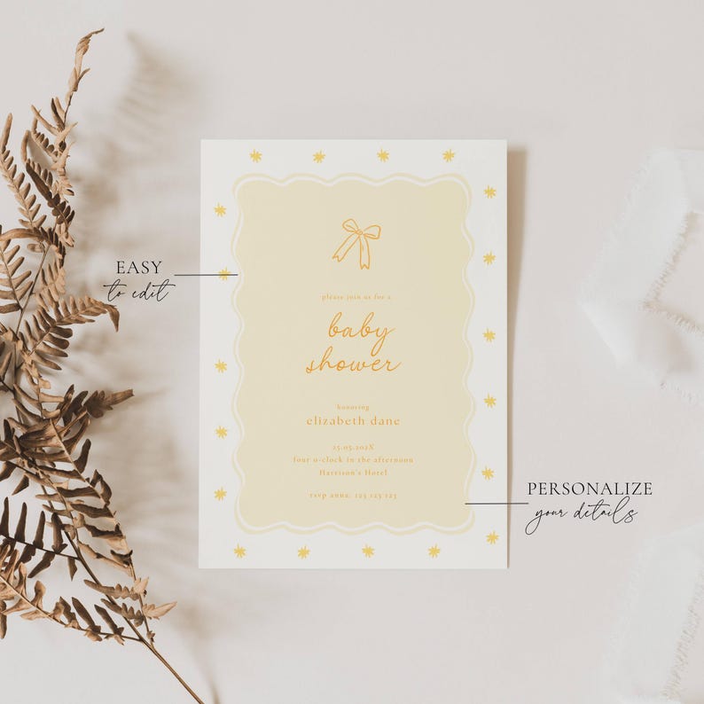 Yellow Baby Shower Invitation: Whimsical Bow (Editable Template), Lemon Yellow, Handrawn, Gender Neutral, Wavy Border Yellow Baby Shower Invitation Template