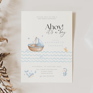 Ahoy Its A Boy Shower Invites, Ahoy Its A Boy Baby Shower Bundle, Nautical Baby Shower Invitation Template, Sailbot Baby Shower Invite, AH11