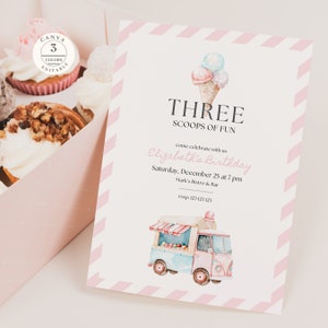 以下が含まれることがあります： ピンクと白のストライプの招待状に、「Three Scoops of Fun」と「Elizabeth's Birthday」の文字が書かれています。招待状は、12月25日午後7時にマークス・ビストロ＆バーで開催される誕生日パーティーのためのものです。招待状には、3つのアイスクリームの入ったアイスクリームコーンと、ピンクとブルーのアイスクリームトラックの水彩画が描かれています。