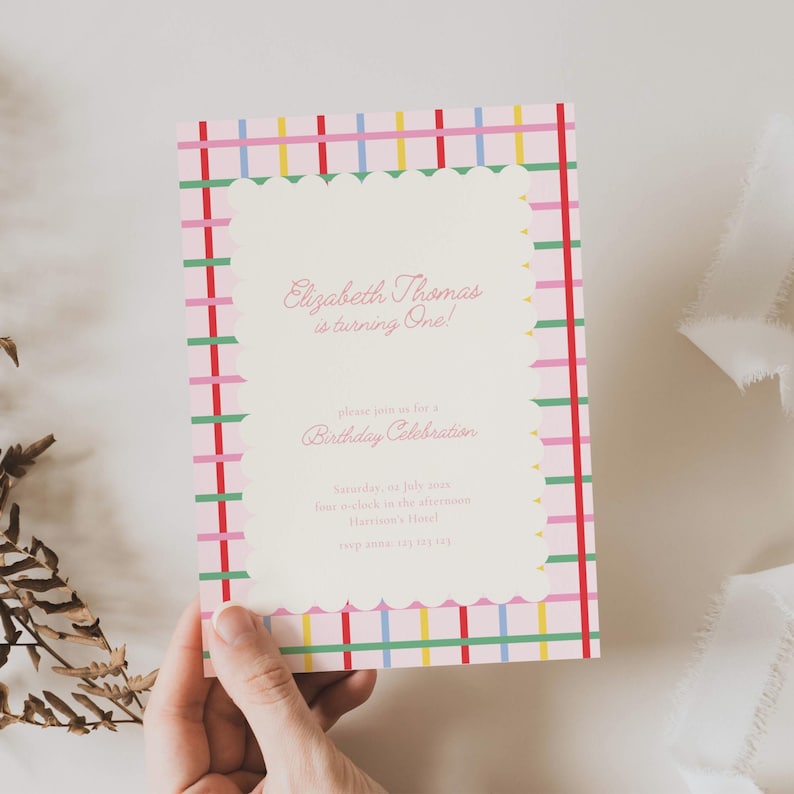 First Birthday Invite Primary Colors: Colorful Birthday Girl, Stripes (Editable Template)