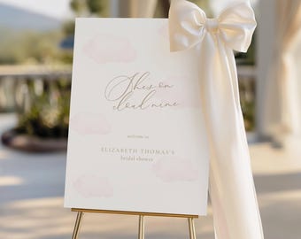 On Cloud 9 Bridal Shower Welcome Sign: Pink Clouds (Editable Template), Minimalist, Script Text
