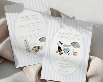 Last Toast On The Coast Bachelorette Invitation Itinerary,Beach, Summer, Blue (Editable Template)