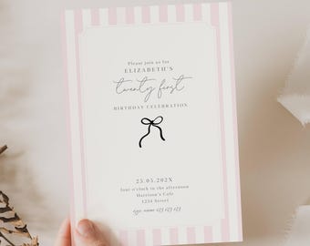 Pink 21st Birthday Invite, 21st Birthday Invitation, Modern 21st Birthday Invite Girl, Black Bow 21st Birthday, Twenty First Birthday, BOW2