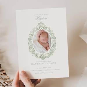 Greenery Baptism Invitation, Baptism Invitation with Photo, Baptism Invitation Sage Green, Green Invitation Baptism Template with Picture