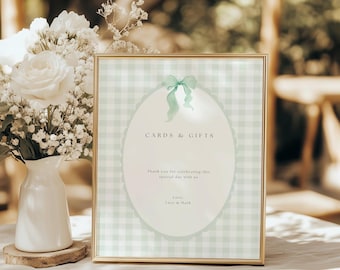 Sage Grün Vichy-Karo Baby Shower Tischschild, klassisches Gingham Boy Baby Shower Tischschild, grün kariertes Baby Shower Tischschild, Karten und Geschenk GH