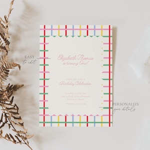 First Birthday Invite Primary Colors: Colorful Birthday Girl, Stripes (Editable Template)