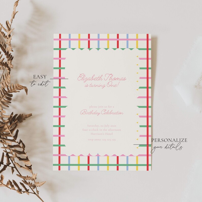 First Birthday Invite Primary Colors: Colorful Birthday Girl, Stripes (Editable Template)