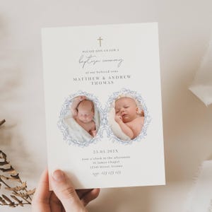 Baptism Invitation Twins, Christening Invitation Twins, Joint Sibling Baptism Invitation, Vintage Blue Baptism Invitation Boy and Girl, BP01