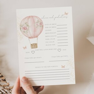 Carte de conseils en montgolfière pour baby shower, Carte de prédiction de montgolfière rose, Prédictions et souhaits de bébé, Conseils de prédictions de bébé pour fille, BAL