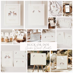 Puede incluir: Un conjunto de suministros para una fiesta de revelación de género. Incluye invitaciones, letreros y etiquetas. Los diseños presentan ilustraciones de ciervos. El texto dice "Buck or Doe?" y "Gender Reveal Bundle".