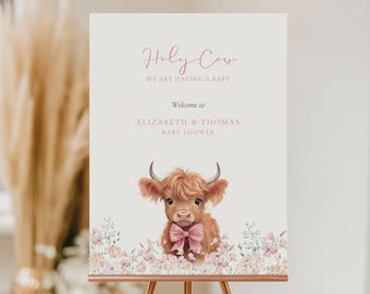 Boho Highland Cow Baby Shower-välkomstskylt: Holy Cow Vi Ska Ha Barn, Flicka Rosa (Redigerbar Mall)
