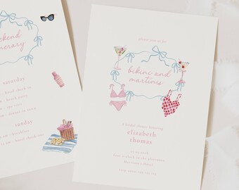 Bikinis And Martinis Bachelorette Invitation Itinerary, Martinis And Bikinis Bachelorette Invitation, Itinerary Hens Weekend Invite, BB02