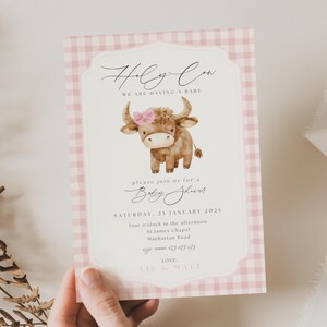 Invito per baby shower con mucca delle Highlands, Oh Holy Cow, stiamo per avere un bambino, inviti per baby shower con mucca delle Highlands Boho, baby shower con mucca rosa CP01