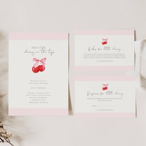 Inviti per baby shower "She Is The Cherry On Top", invito per baby shower per bambine "She Is The Cherry On Top", invito per baby shower con fiocco rosa e ciliegia, CP01