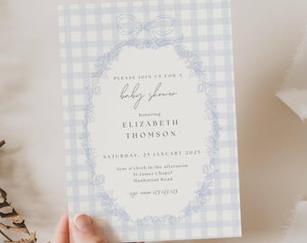 Blauwe pastel babyshower uitnodiging, klassieke pastel jongen babyshower uitnodigen, lichtblauwe geruite babyshower uitnodigen, pastel baby strooi, GH