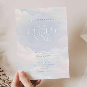 Brautparty-Einladungen der Wolke 9, sie auf Wolke neun Brautparty, Brautdusche des rosa blauen Himmel-Wolke neun, Brautparty der Wolke 9, MB01