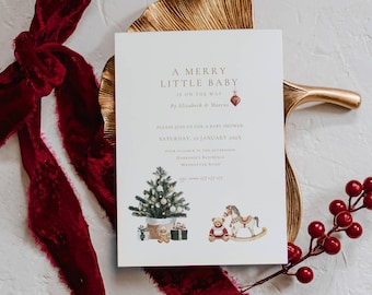 Christmas Baby Shower Invitation: Merry Little Baby, Red, Ornament, Toys (Editable Template)