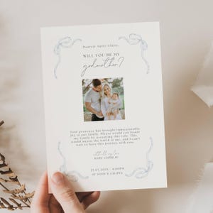 Plantilla de propuesta de matrimonio para madrina, tarjeta imprimible con foto minimalista, propuesta de bautismo moderna y editable, GM01