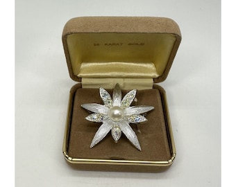 Vintage Emmons Silver Tone Faux Pearl AB Rhinestone Atomic Starburst Brooch Pin