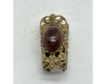 Vintage 1960's Brass Floral Cocktail Renaissance Ring with Large Amber Stone