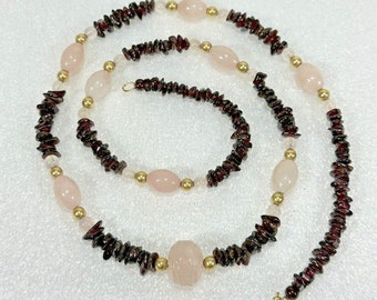 Vintage Garnet & Rose Quartz with 14KGF Balls Beaded Necklace ~ 30in Long