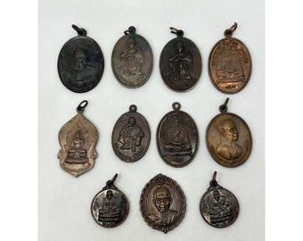 Lot of 11 Vintage Metal Thai Buddhist Double-Side Monk & Amulet Talisman Pendant