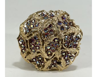 Vintage Sarah Coventry Gold-Tone Brooch Round Pink Aurora Borealis Rhinestones