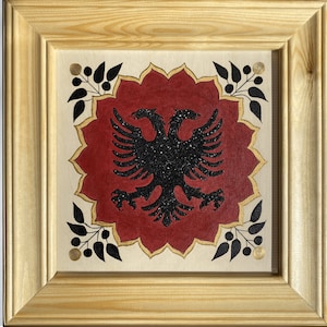 Pintura acrílica de águila albanesa hecha a mano, regalo para decoración del hogar. Elegante diseño floral dorado