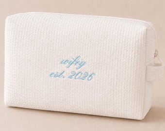 Wifey Est. Makeup Bag, Personalized Bride Toiletry Bag, Bridal Shower Gift, Wedding Day Cosmetic Bag, Honeymoon Pouch