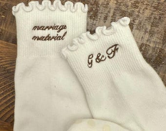 Embroidered Pilates Socks: "Marriage Material" Bridal Shower Gift