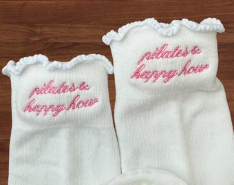 Custom Pilates Grip Socks | “Pilates & Happy Hour” Embroidered Socks | Ruffle Edge Non-Slip Socks | Barre, Yoga, Workout Socks