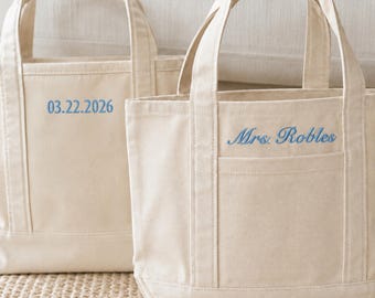 Personalized Bridal Mini Tote Bag with Mrs. Name and Wedding Date Embroidery