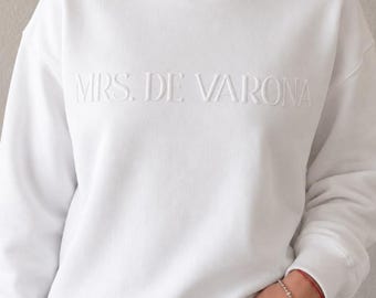 Personalized Mrs. Crewneck Sweatshirt with White Puffy Lettering