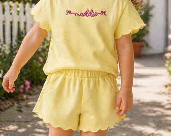 Personalized Toddler Short Set | Custom Name Outfit | Girls Summer Outfit | Scallop Hem Shirt & Shorts | Birthday Gift for Girls