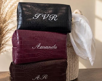 Personalized Vegan Leather Makeup Bag | Embroidered Croc Cosmetic Pouch | Custom Toiletry Bag | Monogram Travel Case | Bridesmaid Gift