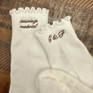 Embroidered Pilates Socks: &quot;Marriage Material&quot; Bridal Shower Gift