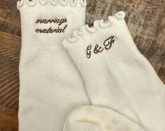 Embroidered Pilates Socks: "Marriage Material" Bridal Shower Gift