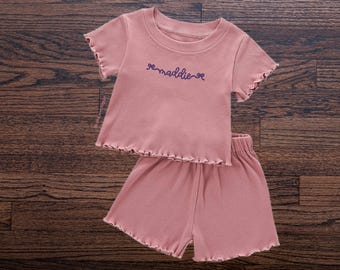 Personalized Baby Girl Ribbed Lounge Set | Bow Custom Name Outfit | Scalloped Toddler Set | Baby Shower Gift | Birthday Set Outfit