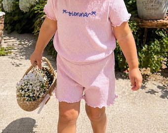 Personalized Baby Girl Ribbed Lounge Set | Bow Custom Name Outfit | Scalloped Toddler Set | Baby Shower Gift | Birthday Set Outfit