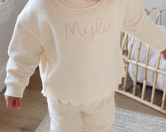 Personalized Baby Sweatsuit Set | Embroidered Name, Scalloped Edge