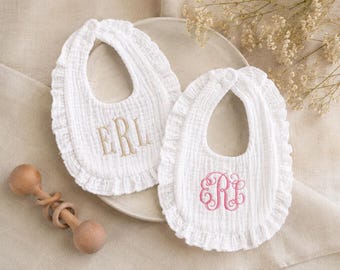 Personalized Baby Girl Bib - Custom Embroidered Muslin Bib with Ruffle Detail - Monogrammed Gift for Baby Shower, Newborn, Toddler